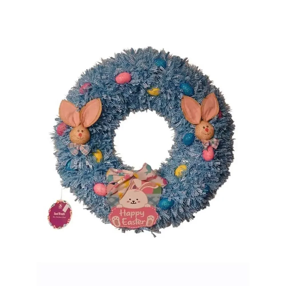 Blue Easter Wreath with Bunny Decorations and Colorful Eggs